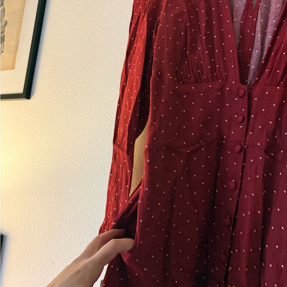 Reformation Rust Red Polka Dot Deep V Long-Sleeve Dress - Picture 5 of 8